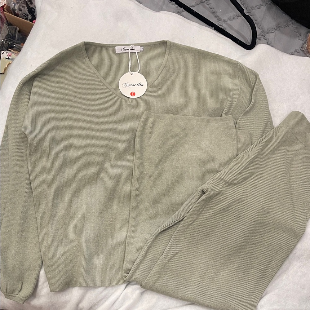 Sage v-neck sweater set nwt Caracilia Womens Knit Pullover Wide leg large